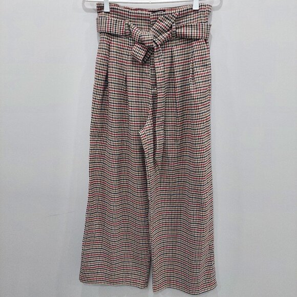 ZARA Wide-Leg Pants, Multi-Check, With Waist Ribbon, Size S - Picture 1 of 8